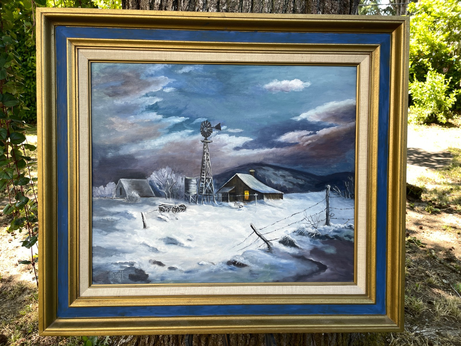 B Higll, Original Oil on Canvas, Dramatic Winter Snow Scene-Farm barn & Windmill