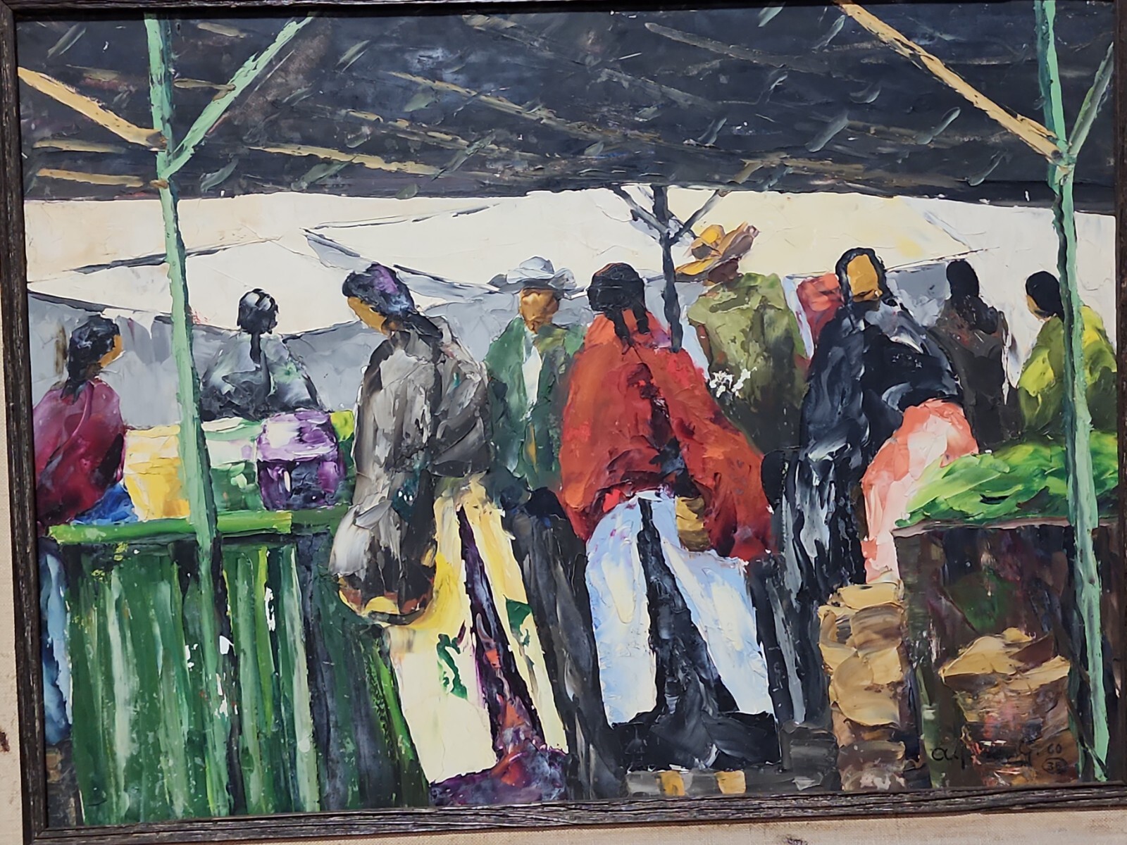 Modernist Mexican Painting Oil On Masonite Of Market Scene Signed Dates 1960
