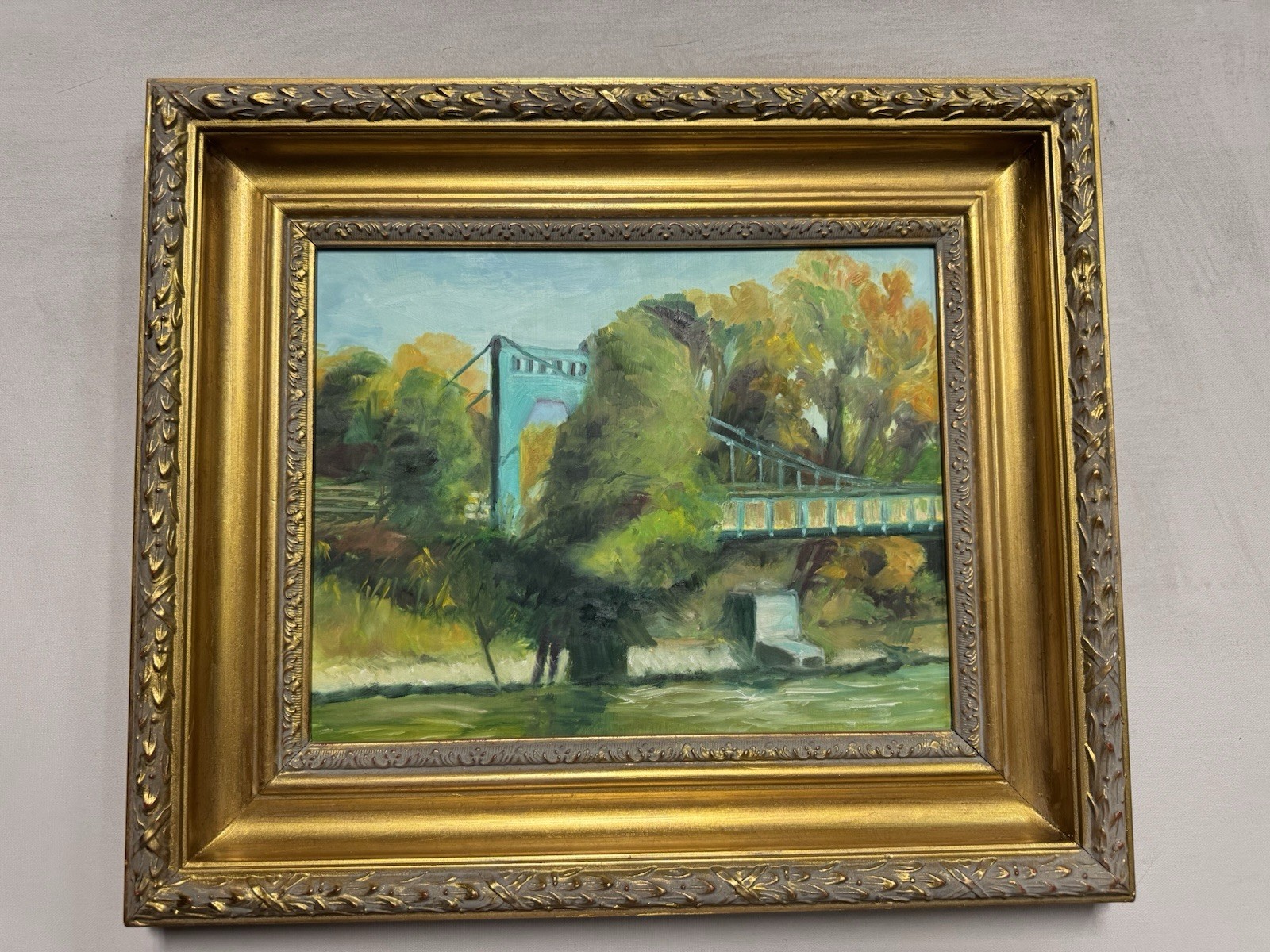 Original Oil Impressionist Painting: Suspension Bridge/ River 11” X 14”: Framed