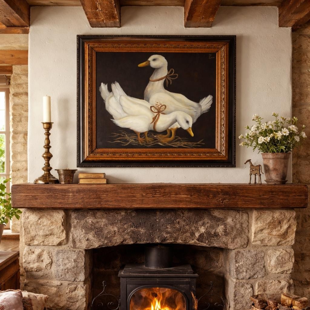 Vintage Gees Oil Painting by Harper in Antique Frame English Cottage Style