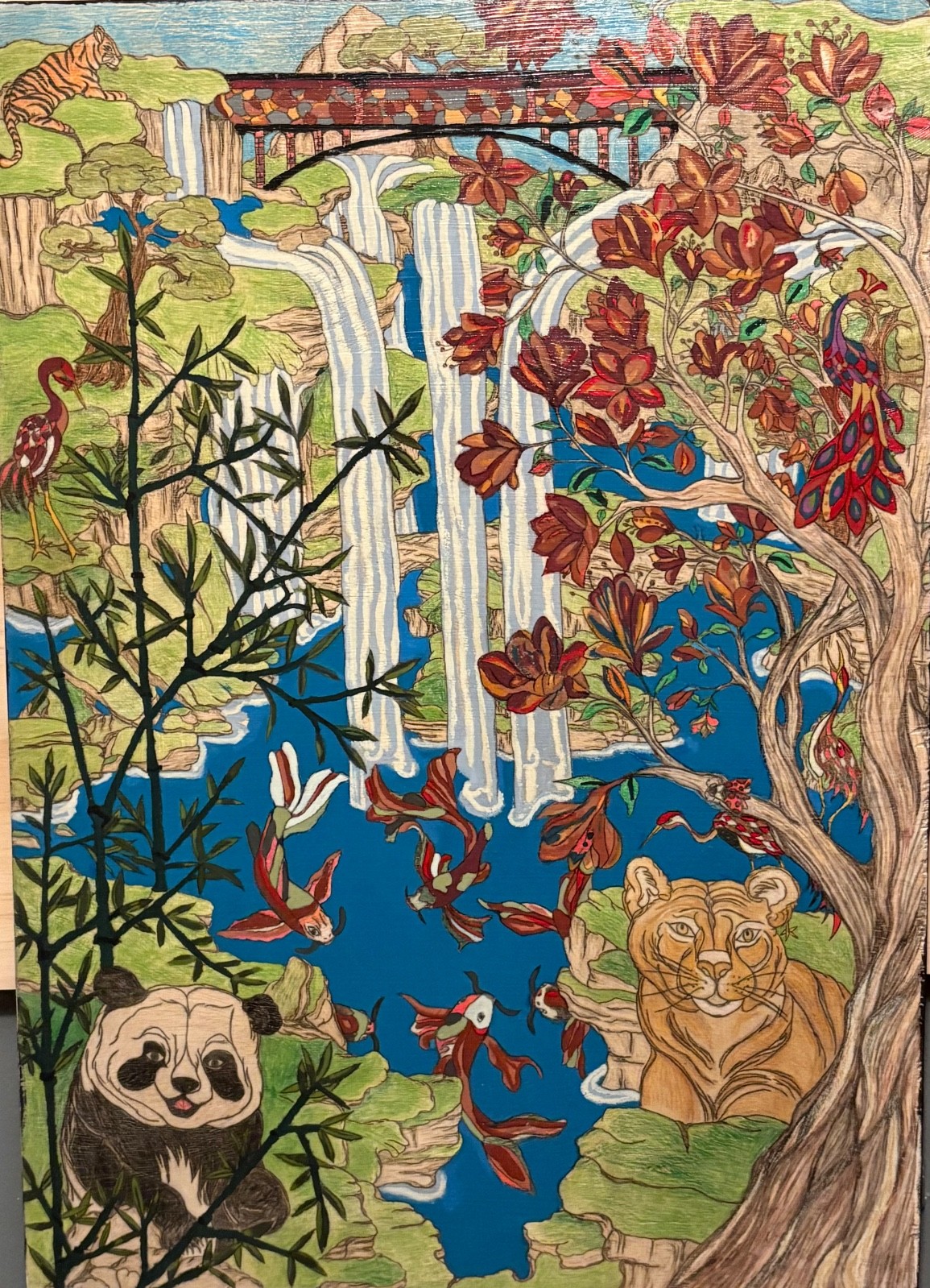 Handmade painting, Koi and Panda Acrylic painting. Waterfalls, colorful.