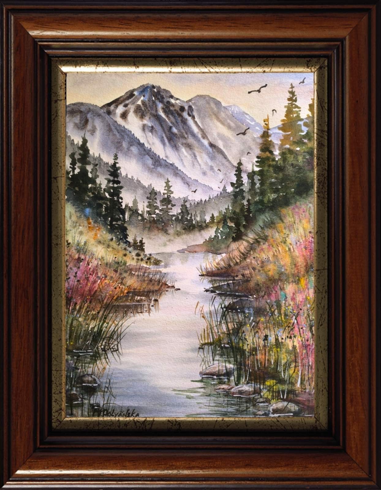FOGGY FOREST MOUNTAINS Original Art Painting BIRD FLYING RIVER Bob Ross Style A4