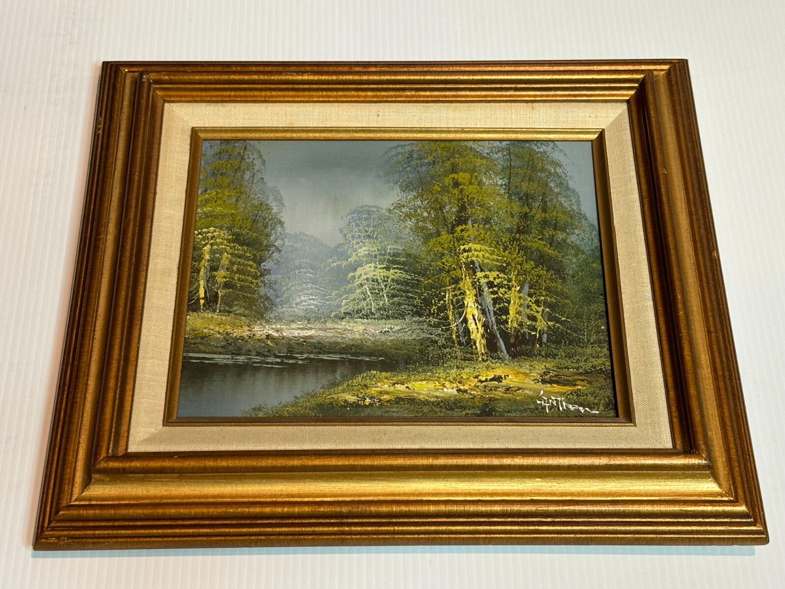 Woodland Landscape Oil Painting Nature Scene Evergreen Pine Tree Creek Framed