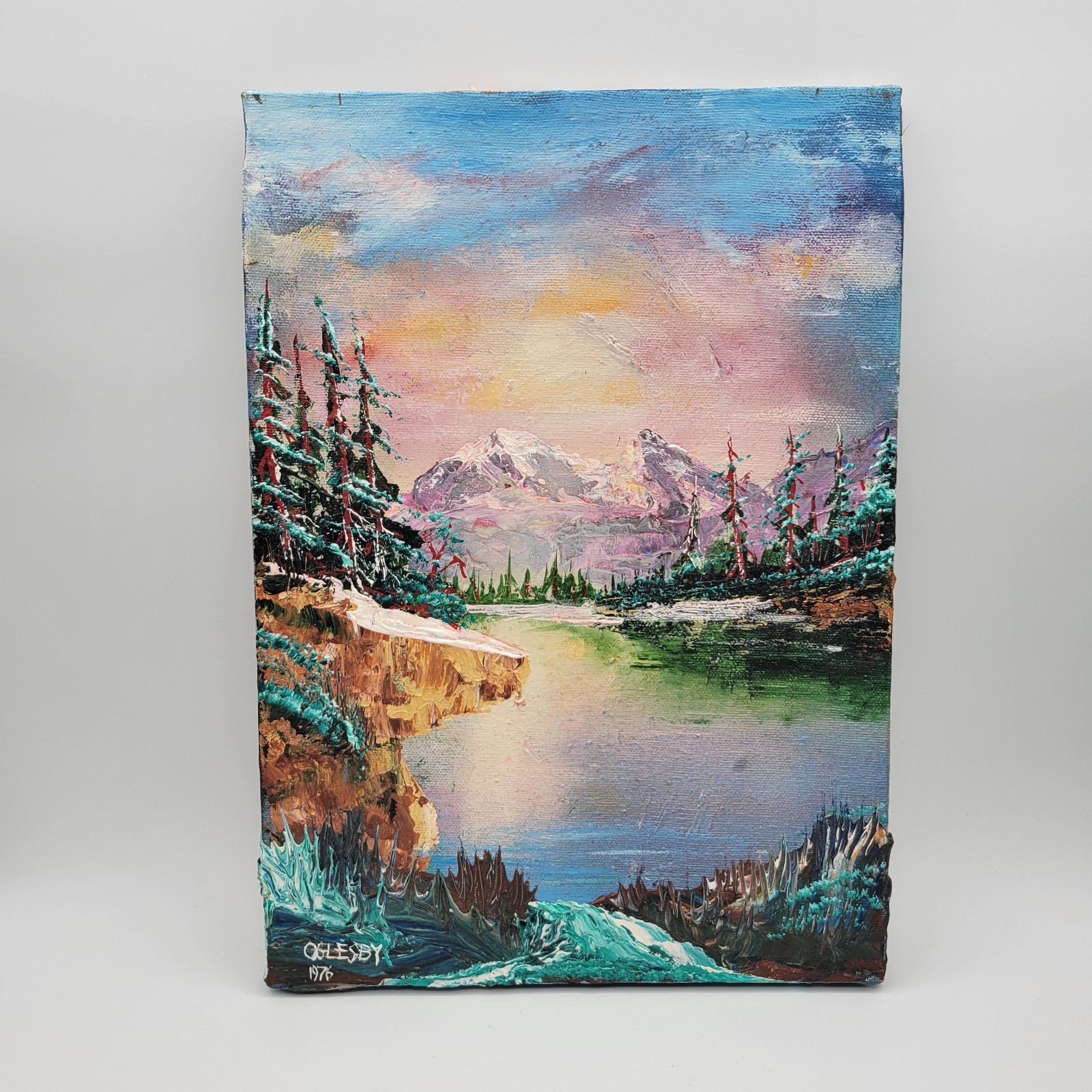 1976 Original Oil Painting Mountain Lake G.J. «Jerry» Oglesby Oklahoma