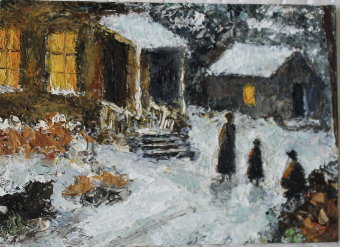 Original ACEO oil painting impressionist landscape, people in snow #W4543