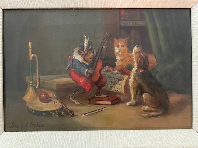 Early Oil Painting Pair, Monkey & Dogs – Animal Antics, Signed