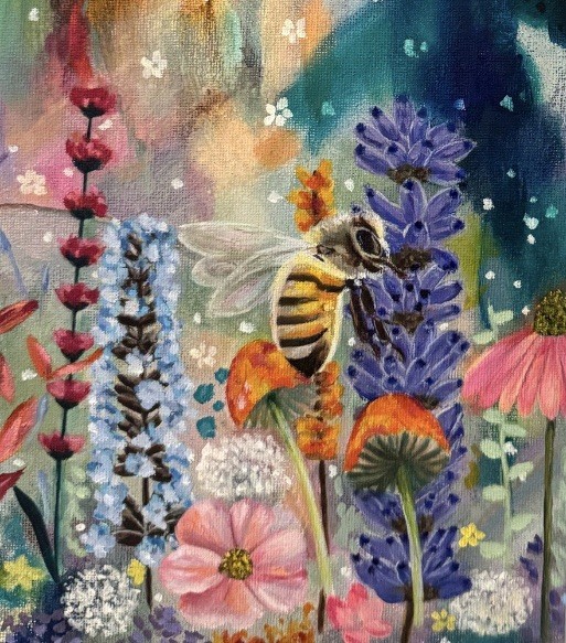 “When The Hot Sun Burns” Acrylic And Oil On Canvas 12”x16” Painting Flowers Bee