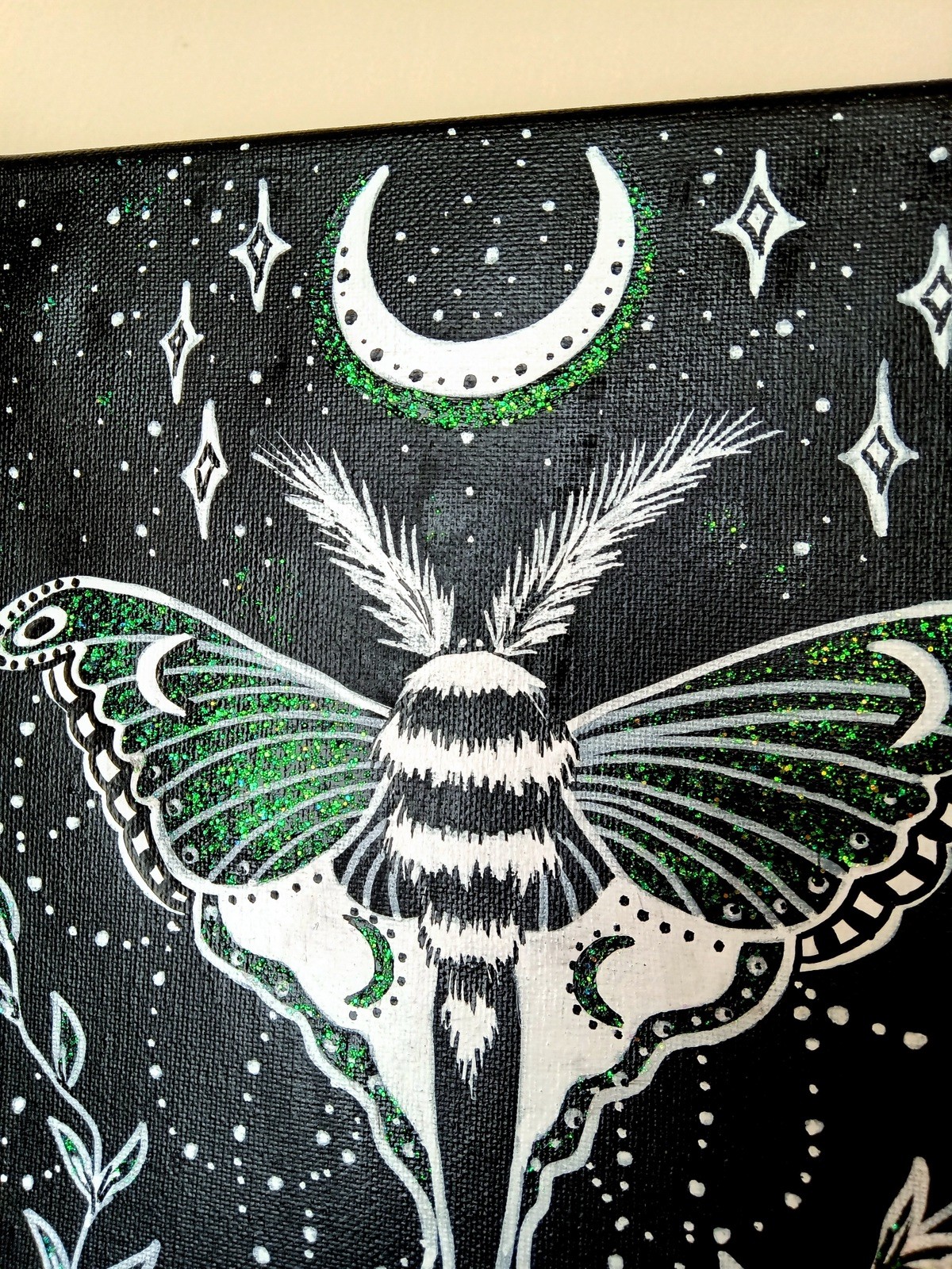 Luna Moth Painting, Witchy Gothic Wall Art, Occult Black Artwork, Original 9×12