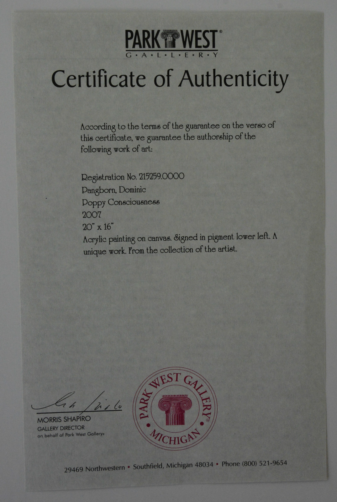 Dominic Pangborn ORIGINAL ACRYLIC PAINTING Canvas, Signed, Park West Documents