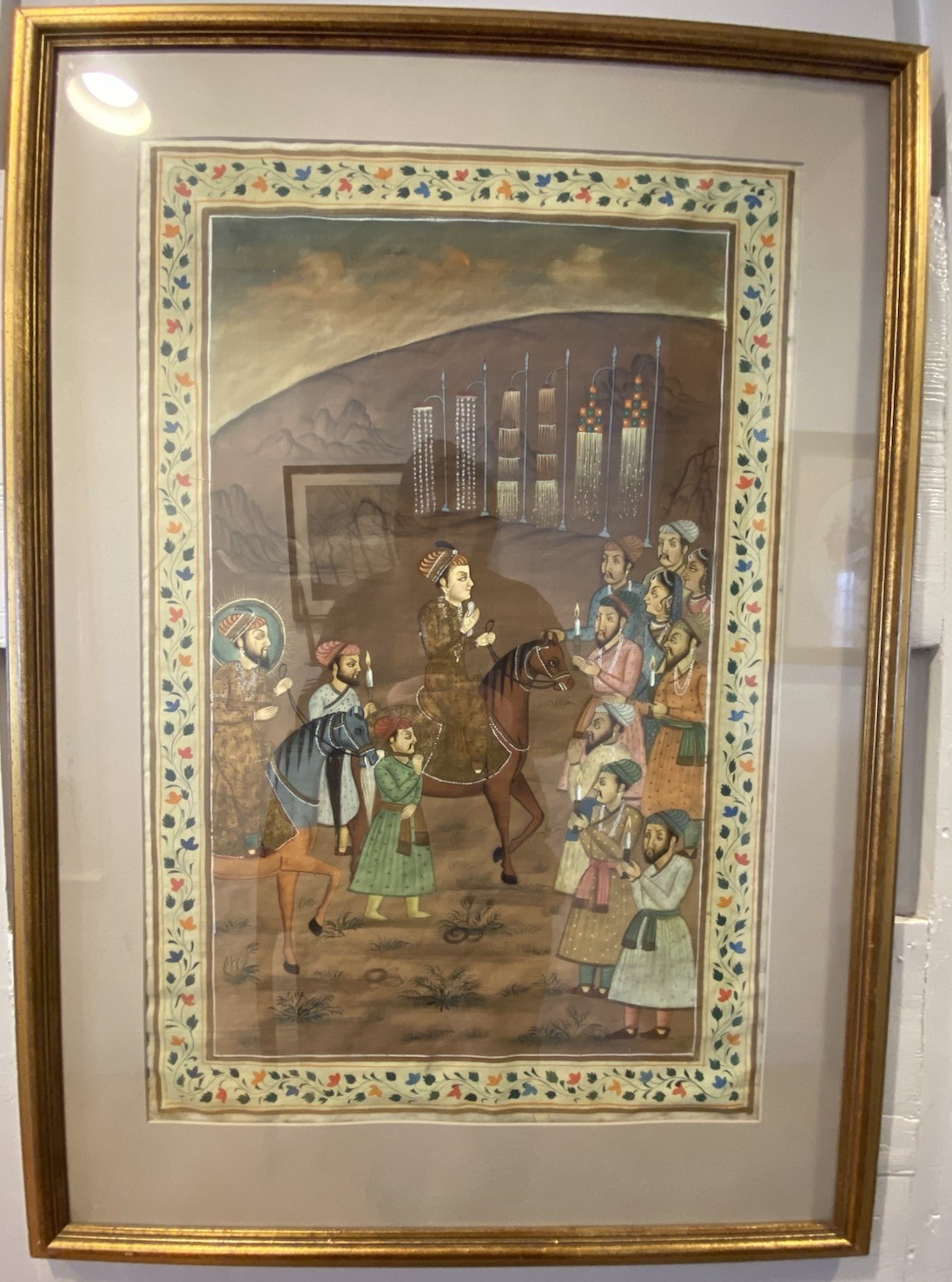 Large Indian Mughal Style Miniature Painting Royal Procession Framed 41×29.5