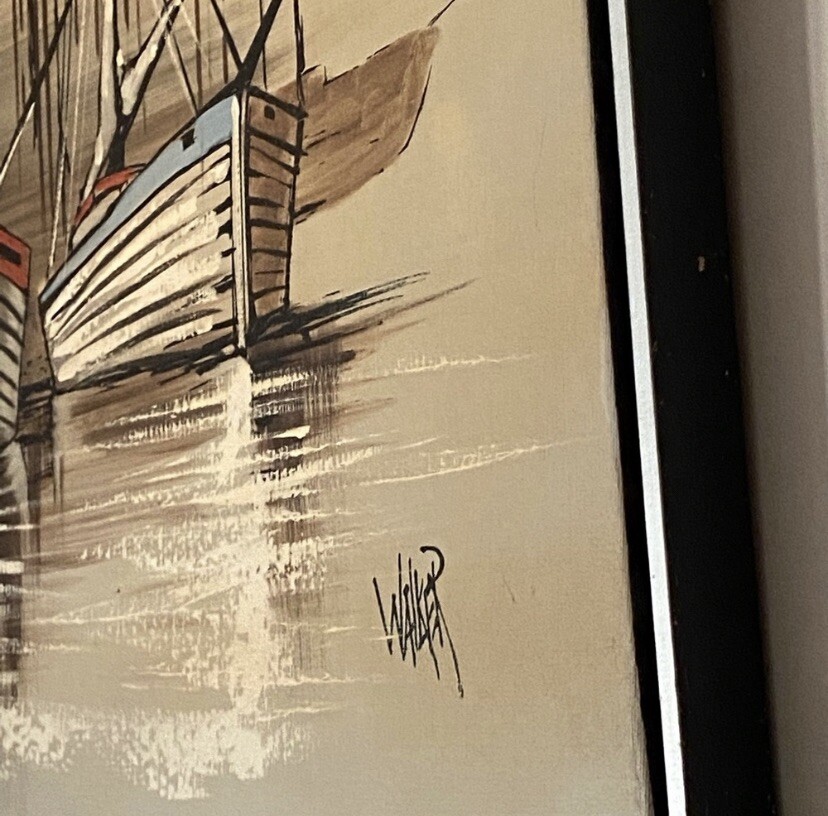fishing boats signed by walker oil painting on canvas dimensions :41 x 2 x 31”