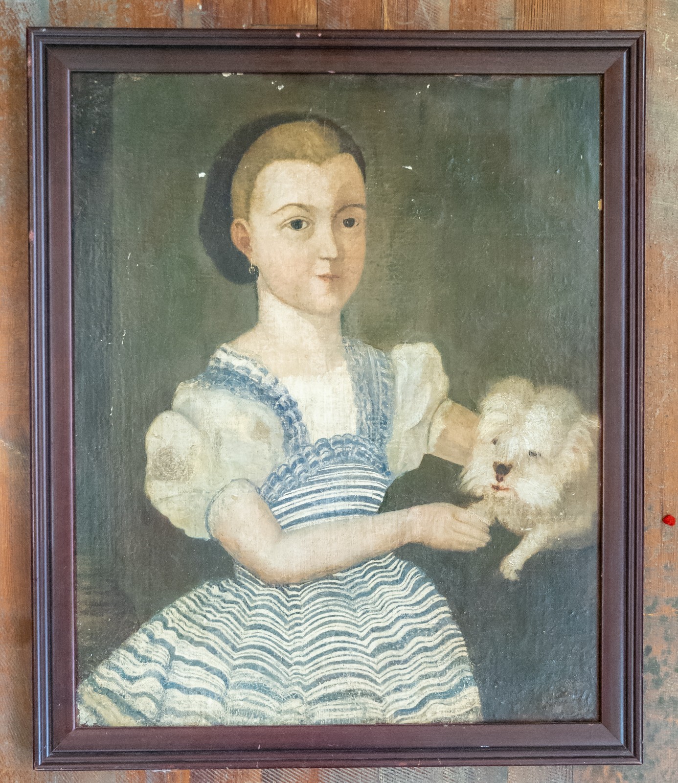 Antique English Folk Portrait of a Young Girl with Her Westie Terrier Dog