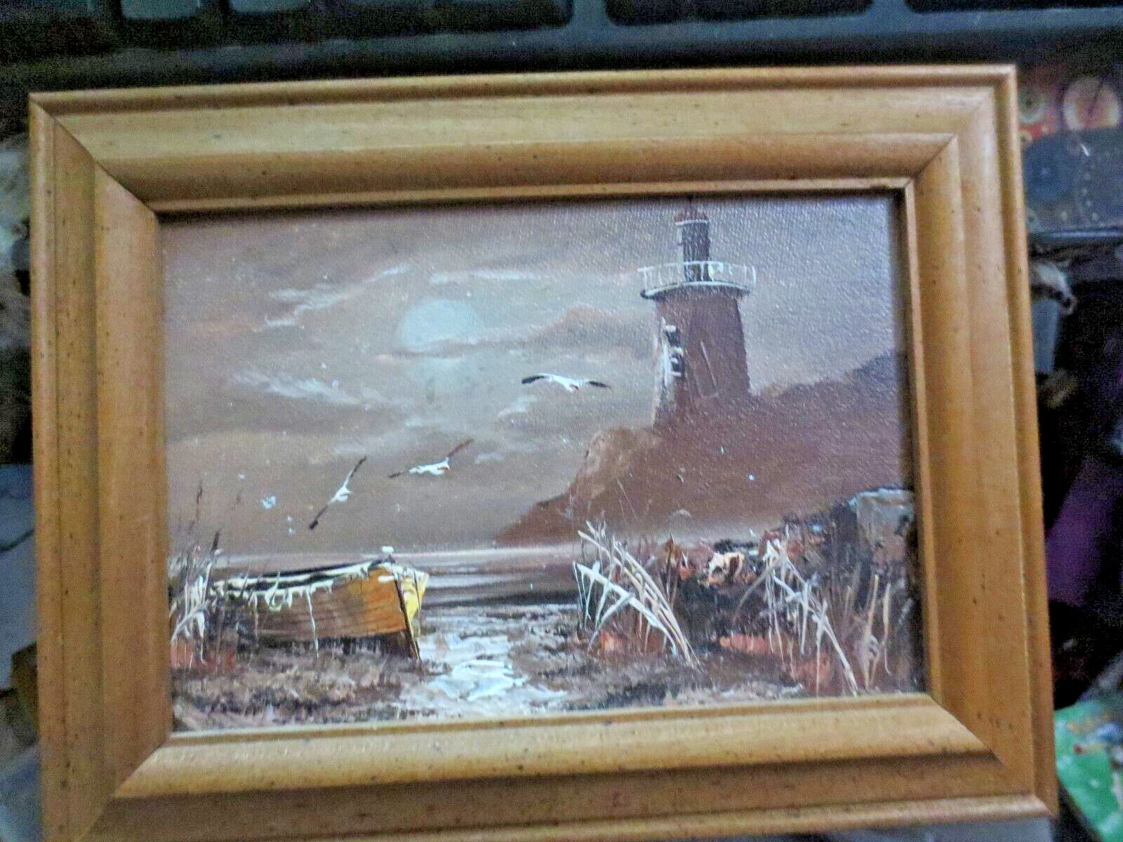 Vintage Oil Painting on board Lighthouse Row Boat Seagulls 5 x 7 inch framed