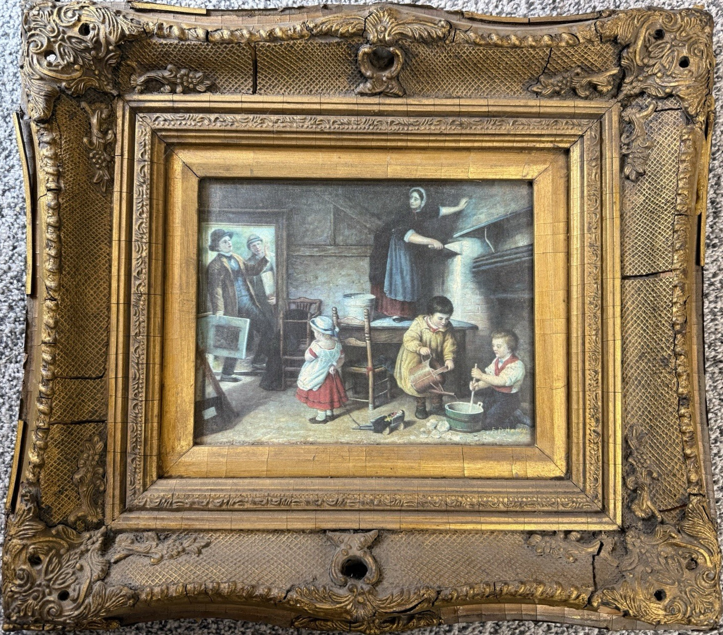 Ornate Gilded Gold Frame and Picture as is for repair- parts late 19th century