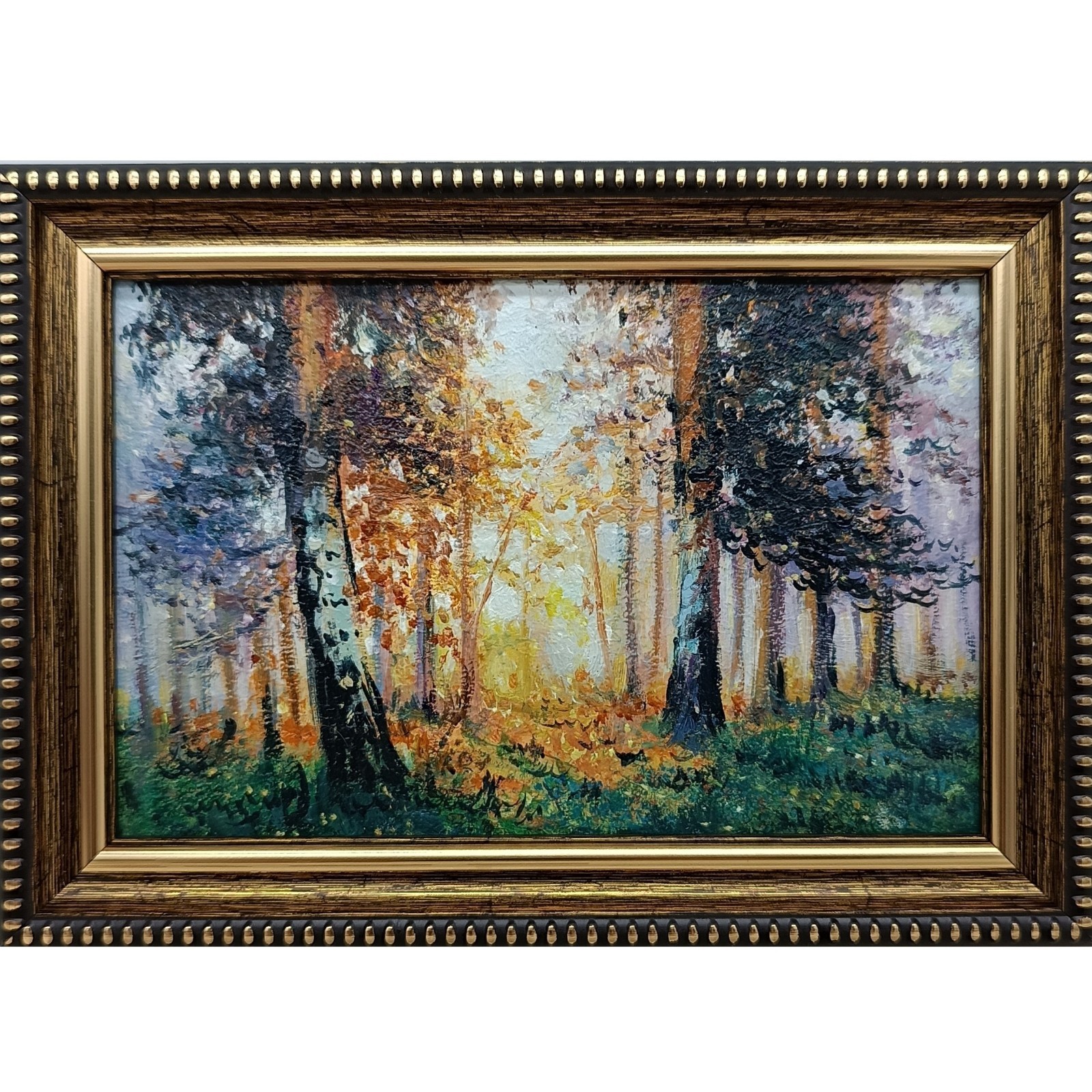 Forest Landscape Original Oil Painting 6×4 Framed Signed Autumn Woods Sunray Art