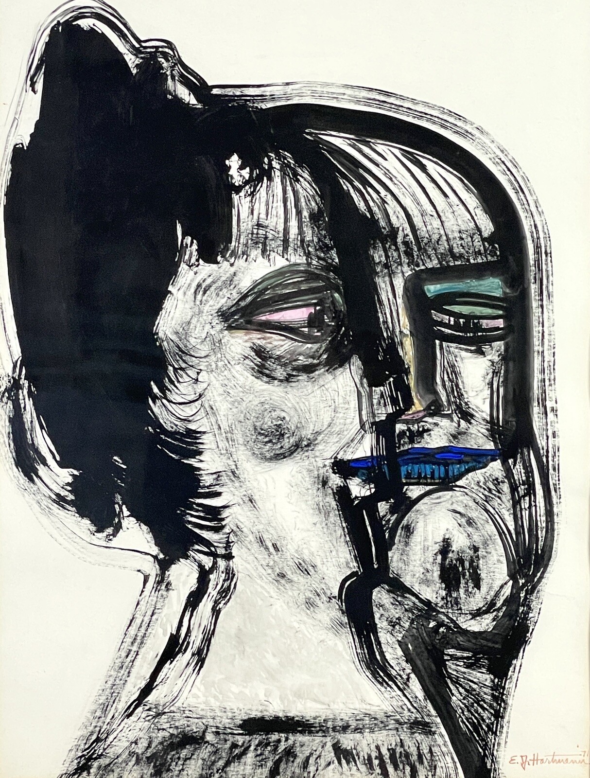 E.J. Hartmann (American, b. 1925) Modernist Portrait of Woman (1971, Gouache)