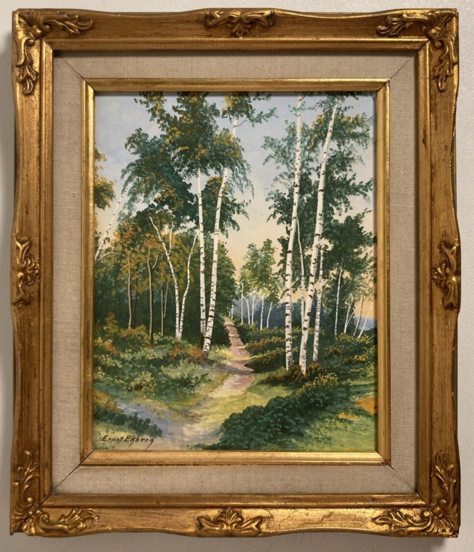 Vintage Original Oil Painting Old Landscape Forest Path White Trees Signed