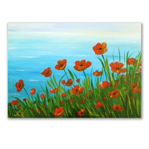 Poppies landscape painting. Acrylic. 5 x 7inches. Art by Katya.
