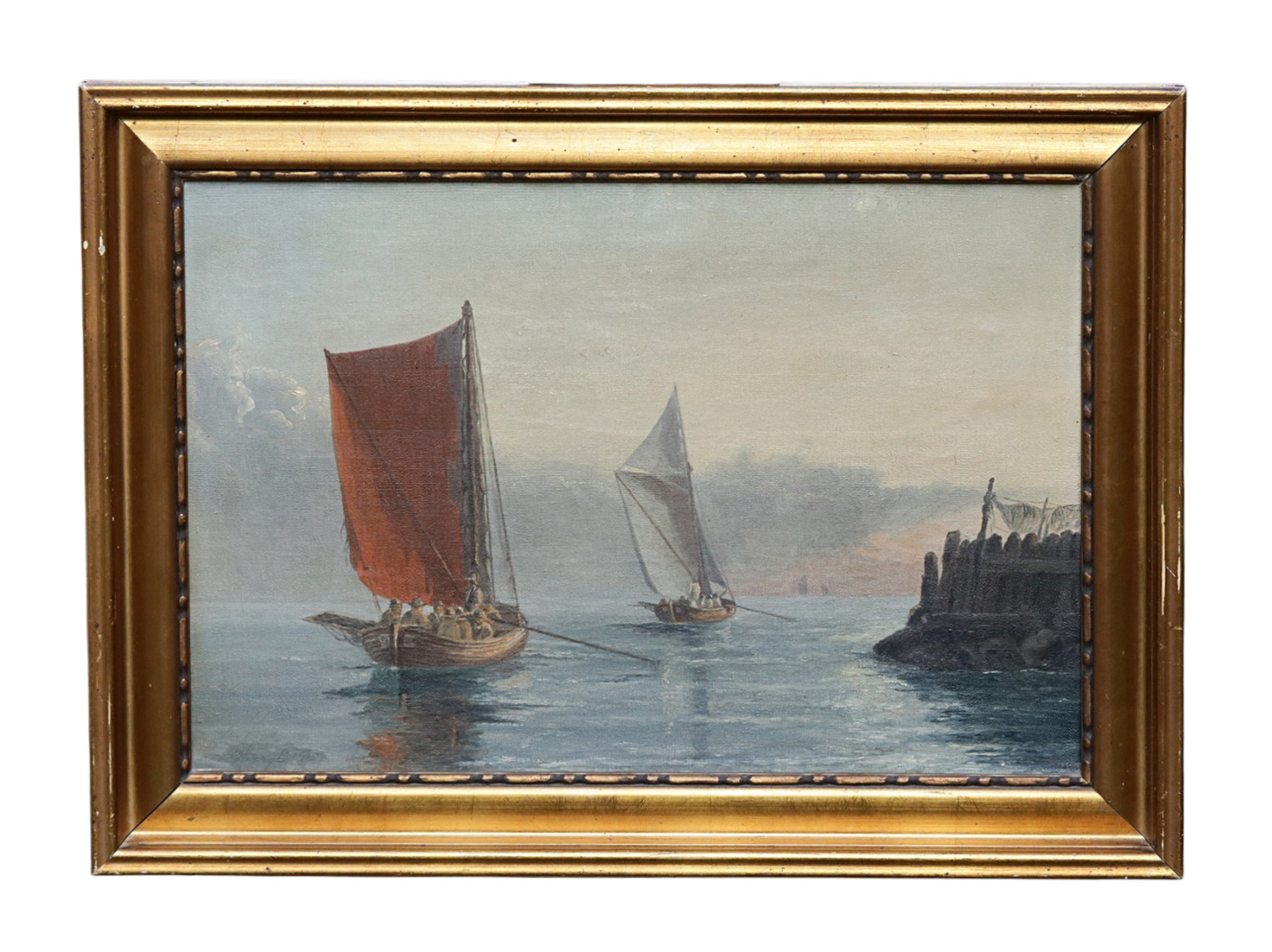 Marine Painting Sailing Boats in Harbor Oil on Canvas Framed Signed Antique