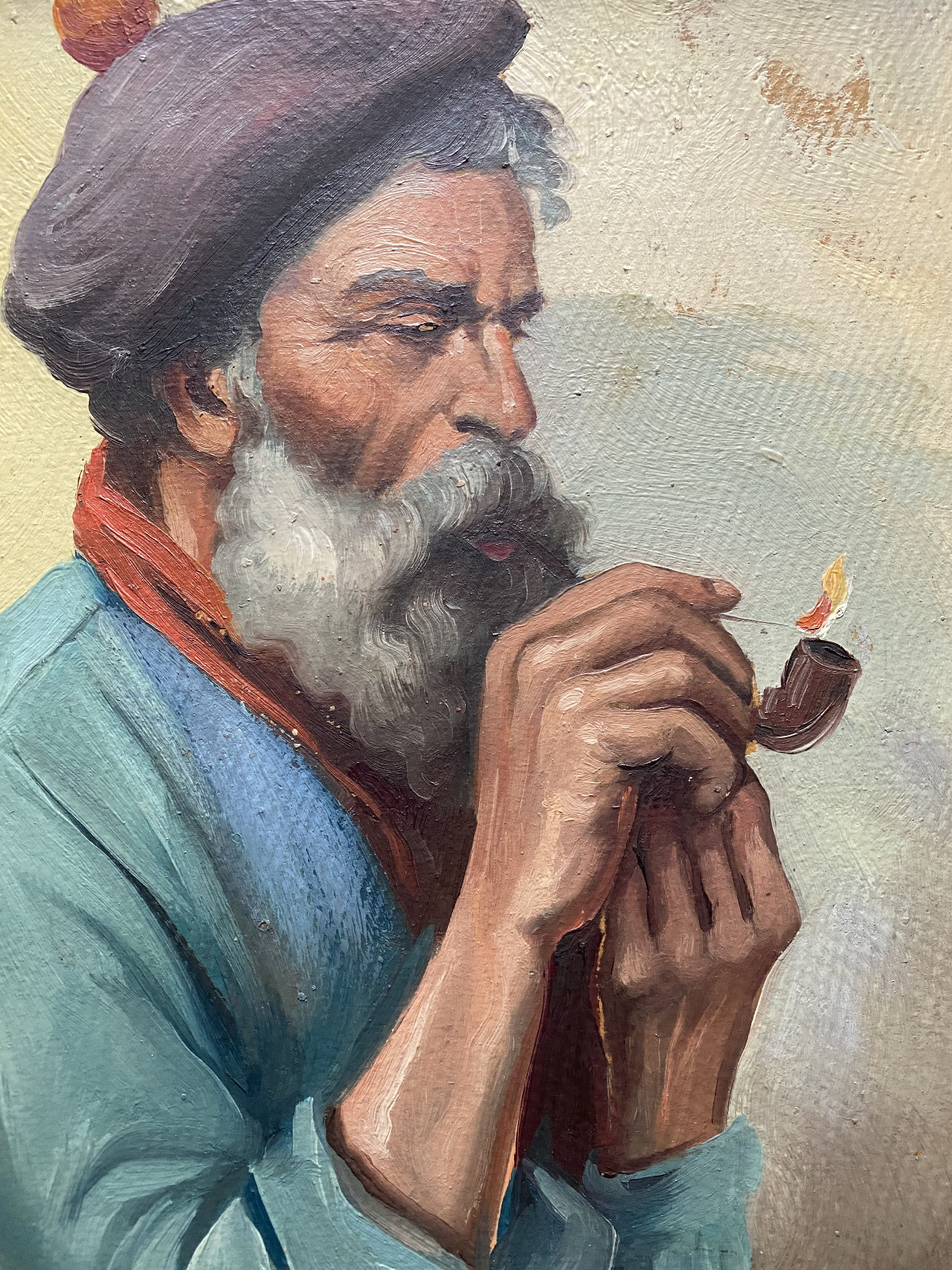 Oil Painting Portrait Man Old Pipe And Hat Everyday Life Signed Ricci