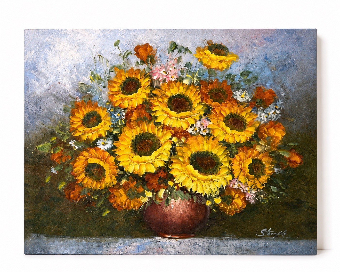 Original Oil Painting Sunflowers Floral Still Life Signed S. Temple Canvas 24×20