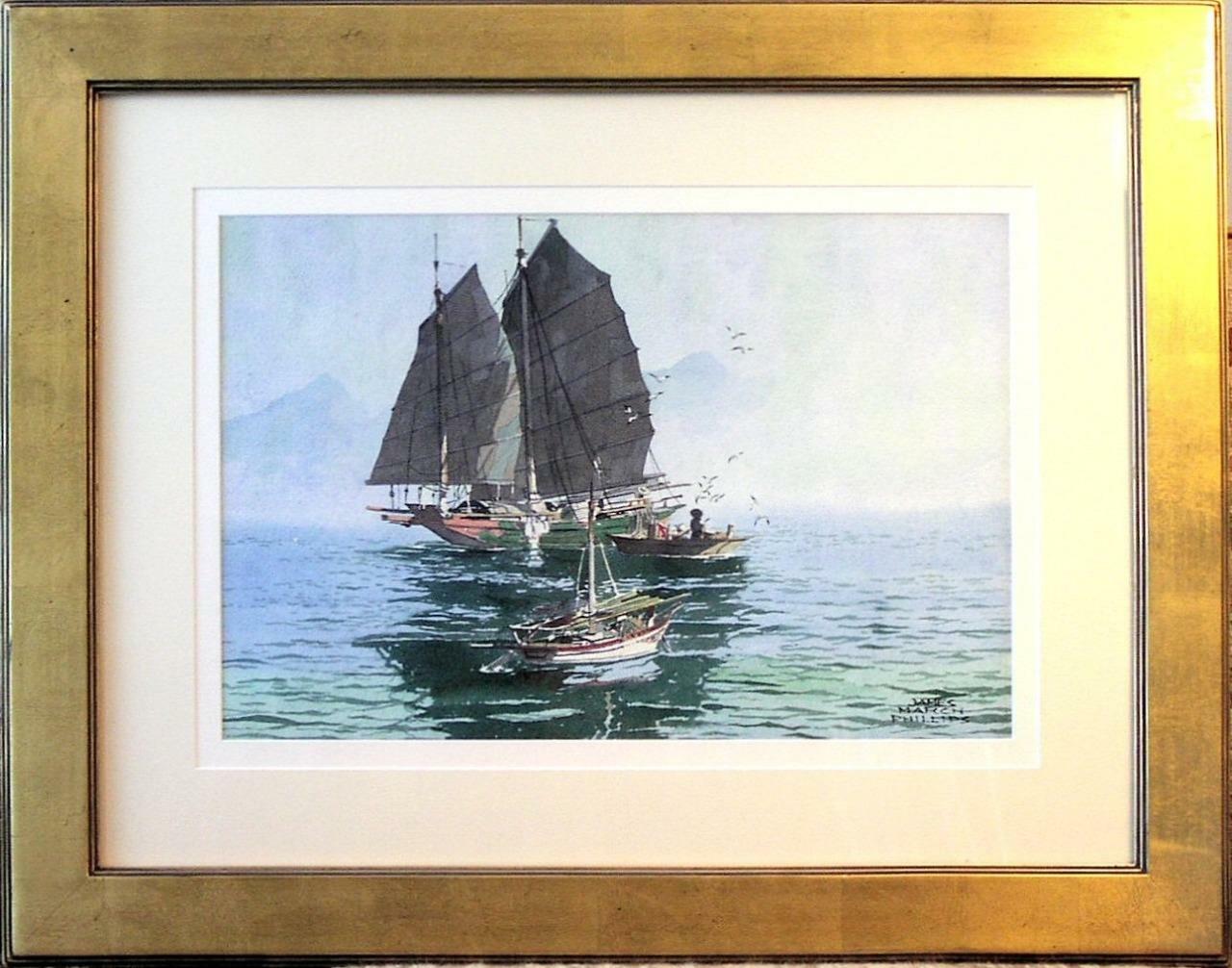 Large Original James March Phillips Watercolor: Pearl River Fishermen at Dawn