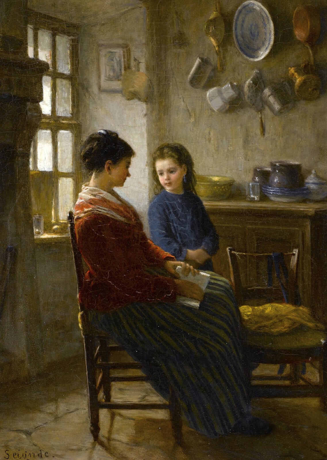 Oil painting Paul Guillaume Seignac young woman mother with young girl in room