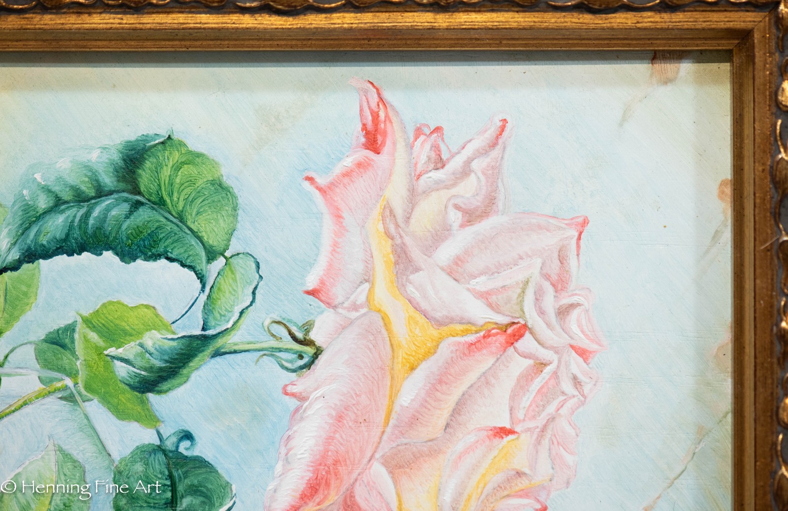 Stunning Oil Painting of Pink Rose in Glass Illegibly Signed, Fine! 16×18″