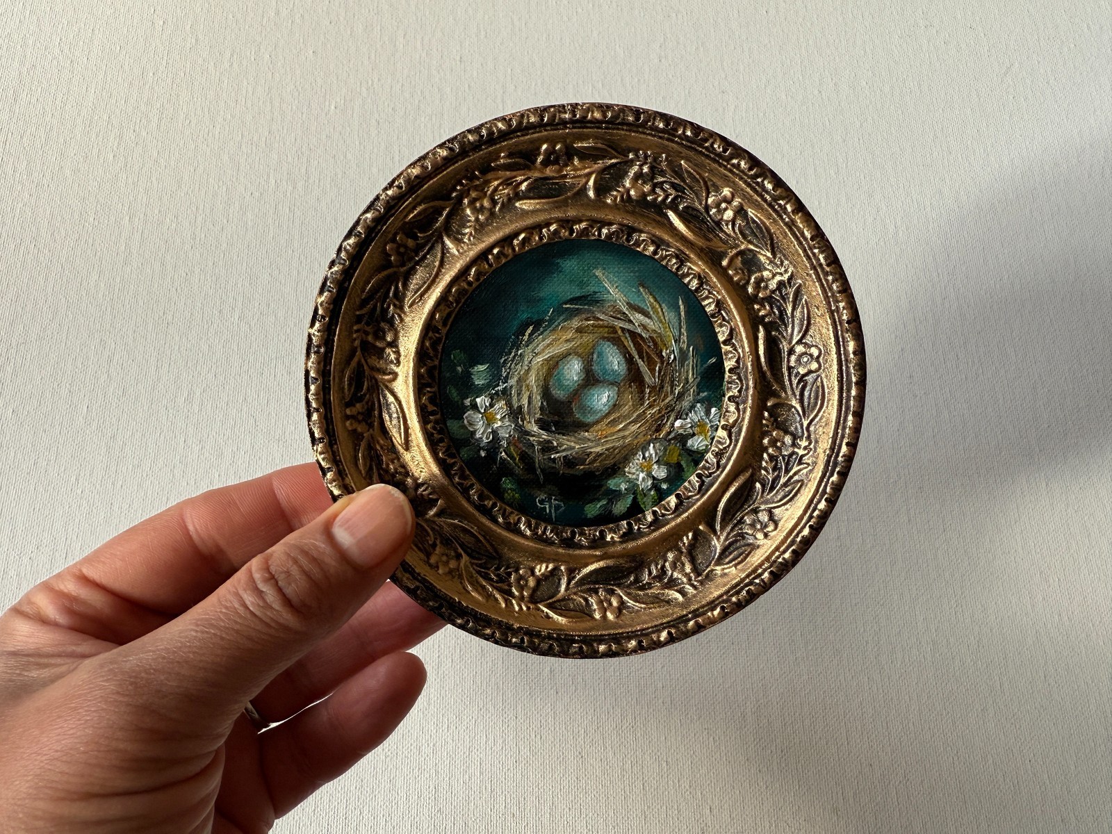 Original Oil Painting Miniature Gold Framed Bird Nest Hand Painted Art