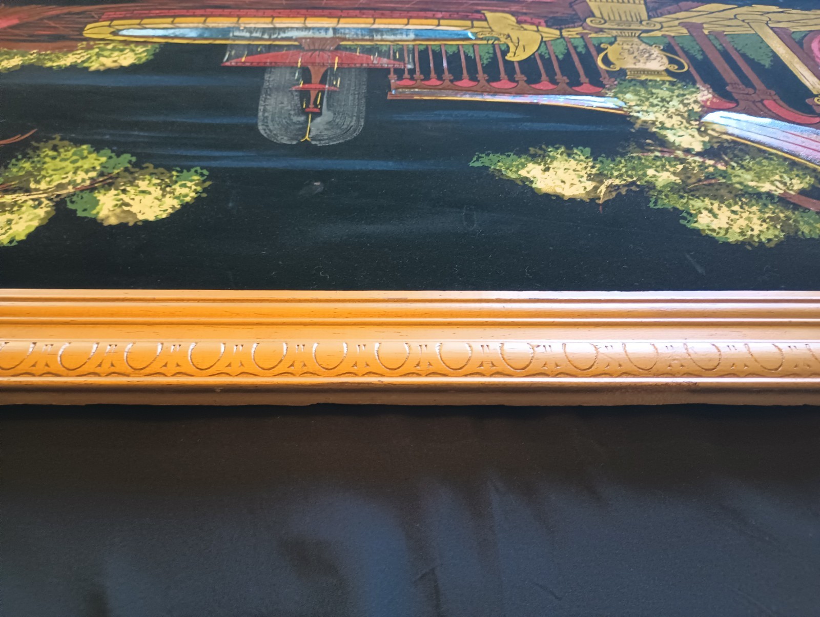 MCM Ashbrook Studios Roman Garden LIGHTED Velvet Oil Painting 23 X 45 Framed VTG