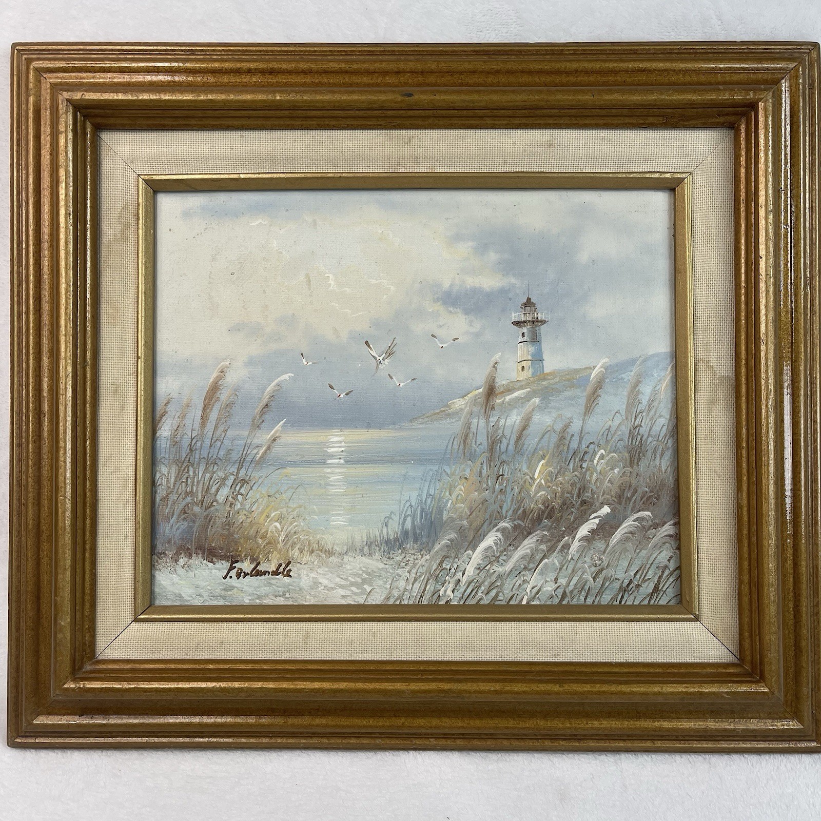Vintage Signed Original Oil Painting Lighthouse Seascape Coastal Art Frame 15×13