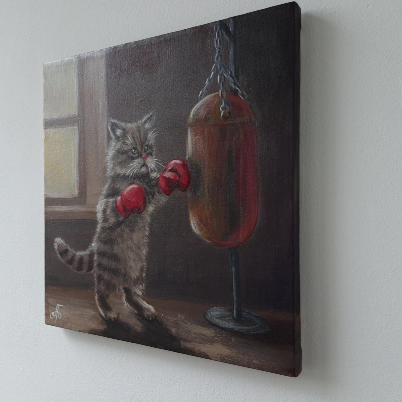 Funny Cat Boxing Oil Painting Original Animal Art Canvas Cute Kitten 10×10