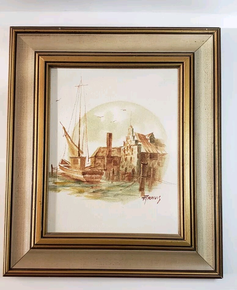 Artist T. Travis Painting Sailboat Harbor Buildings Blue Brown Yellow Green