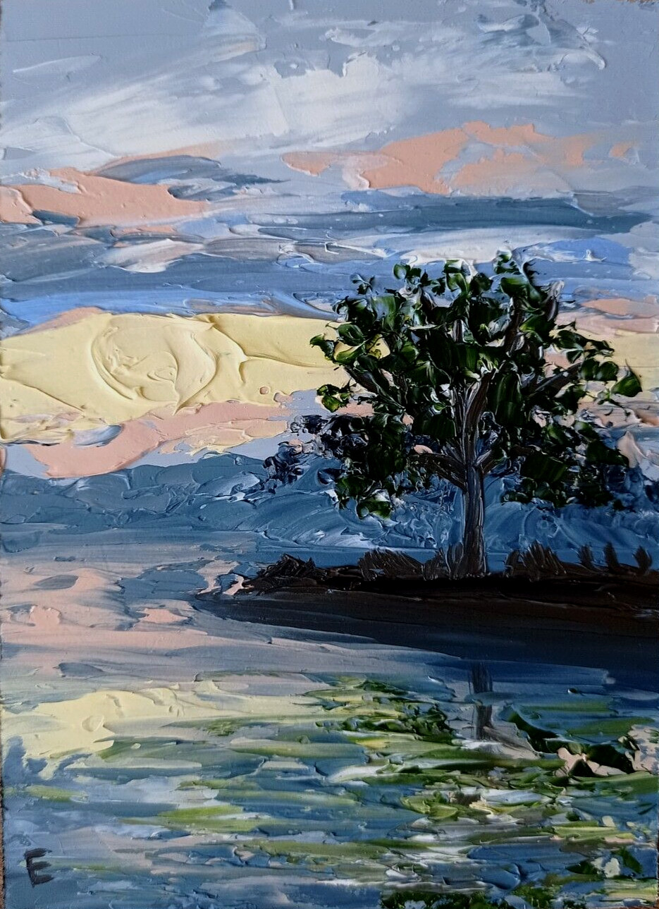 Foggy Morning River Original Oil Painting Flowers Landscape Decor size 7 x 5″