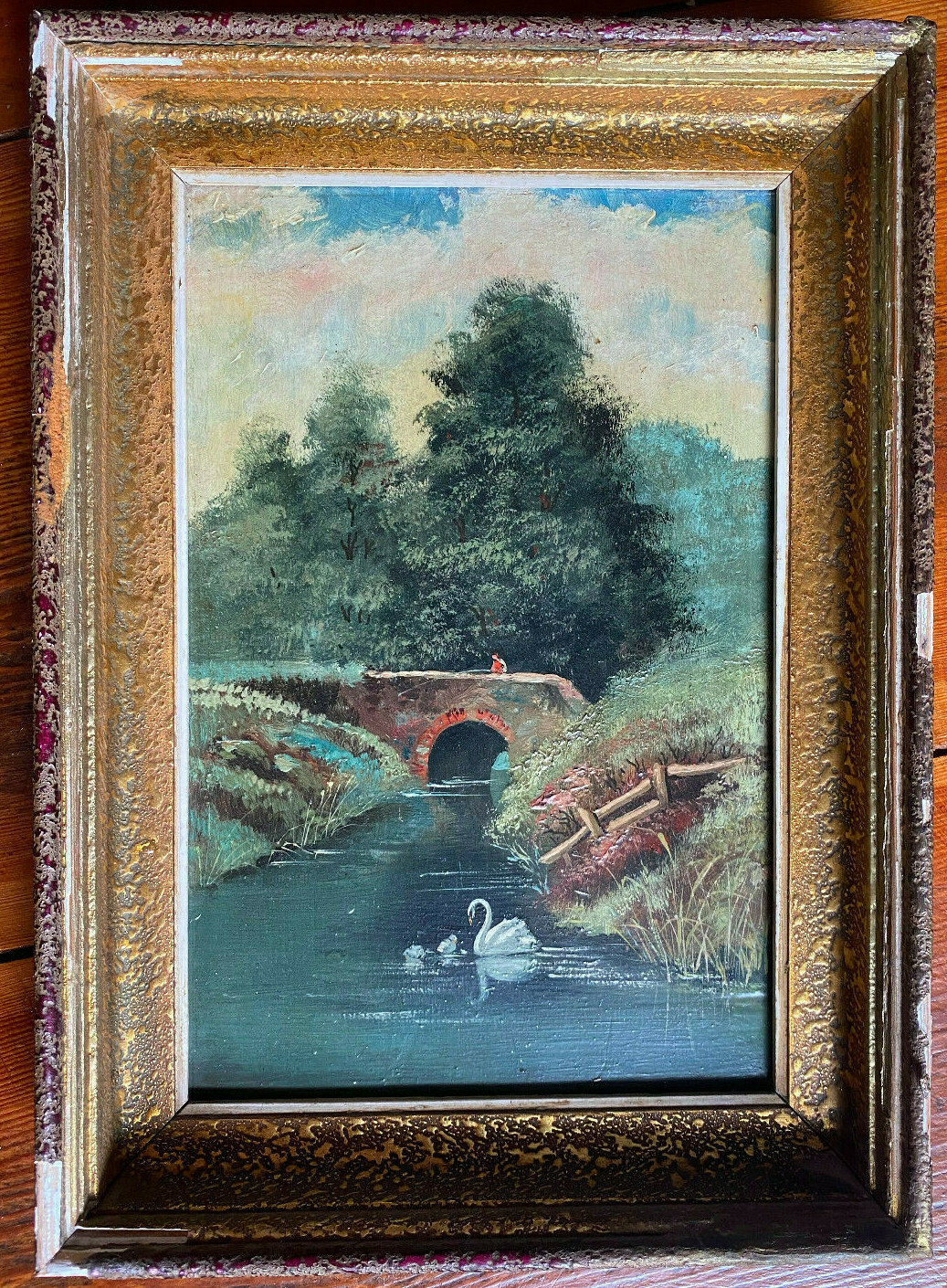 Fisher on One Bridge With Höckerschwänen Romantics Um 1880 Oil Painting Antique