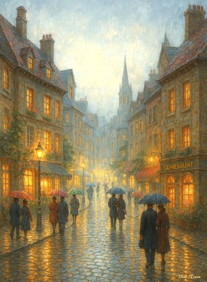 Rain In Europe. Painting Giclee Canvas 16″X20″ with mat frame