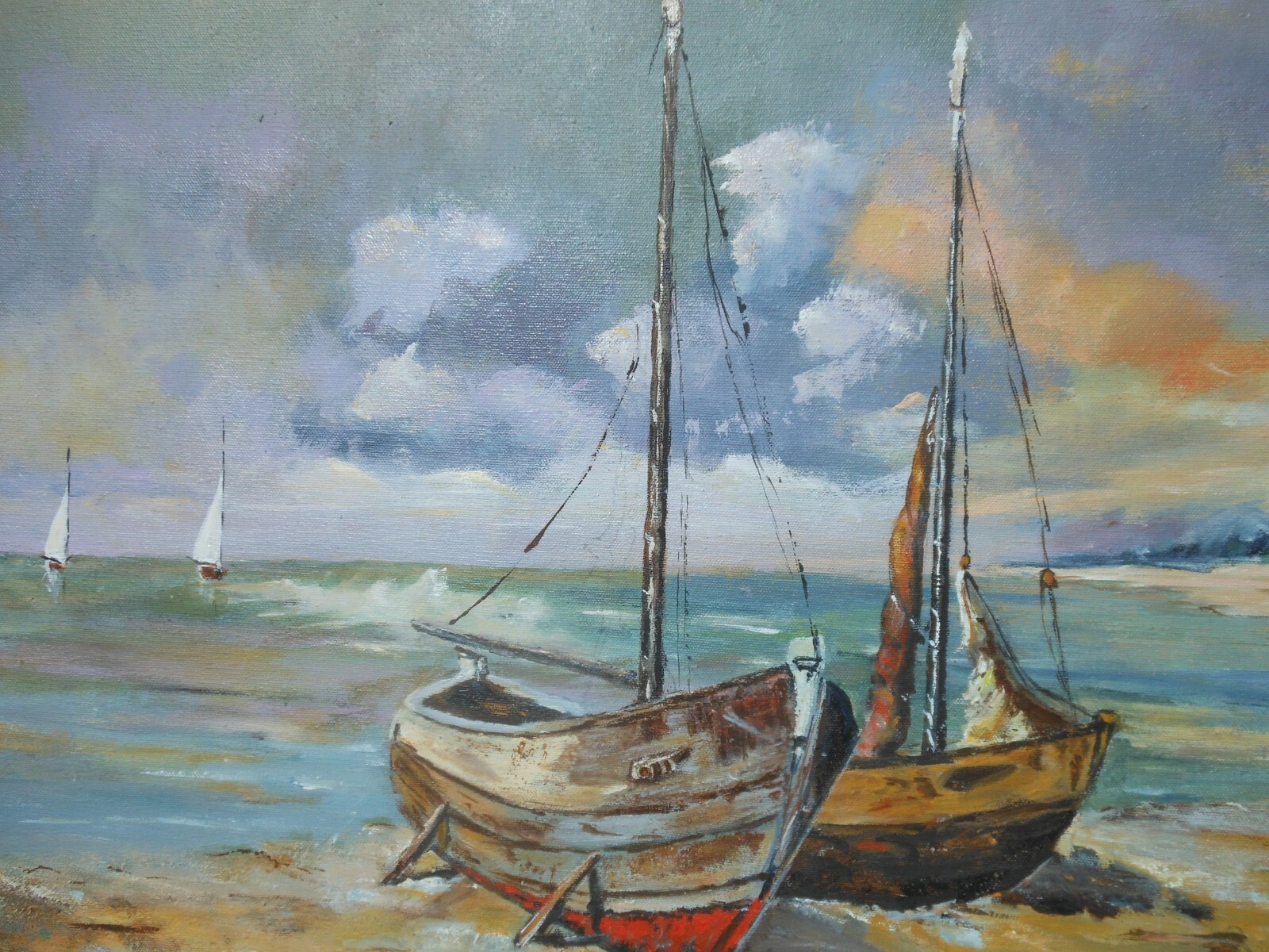 Vintage Impressionist Seascape Oil Painting L Graus 18″ x 24″ Boats