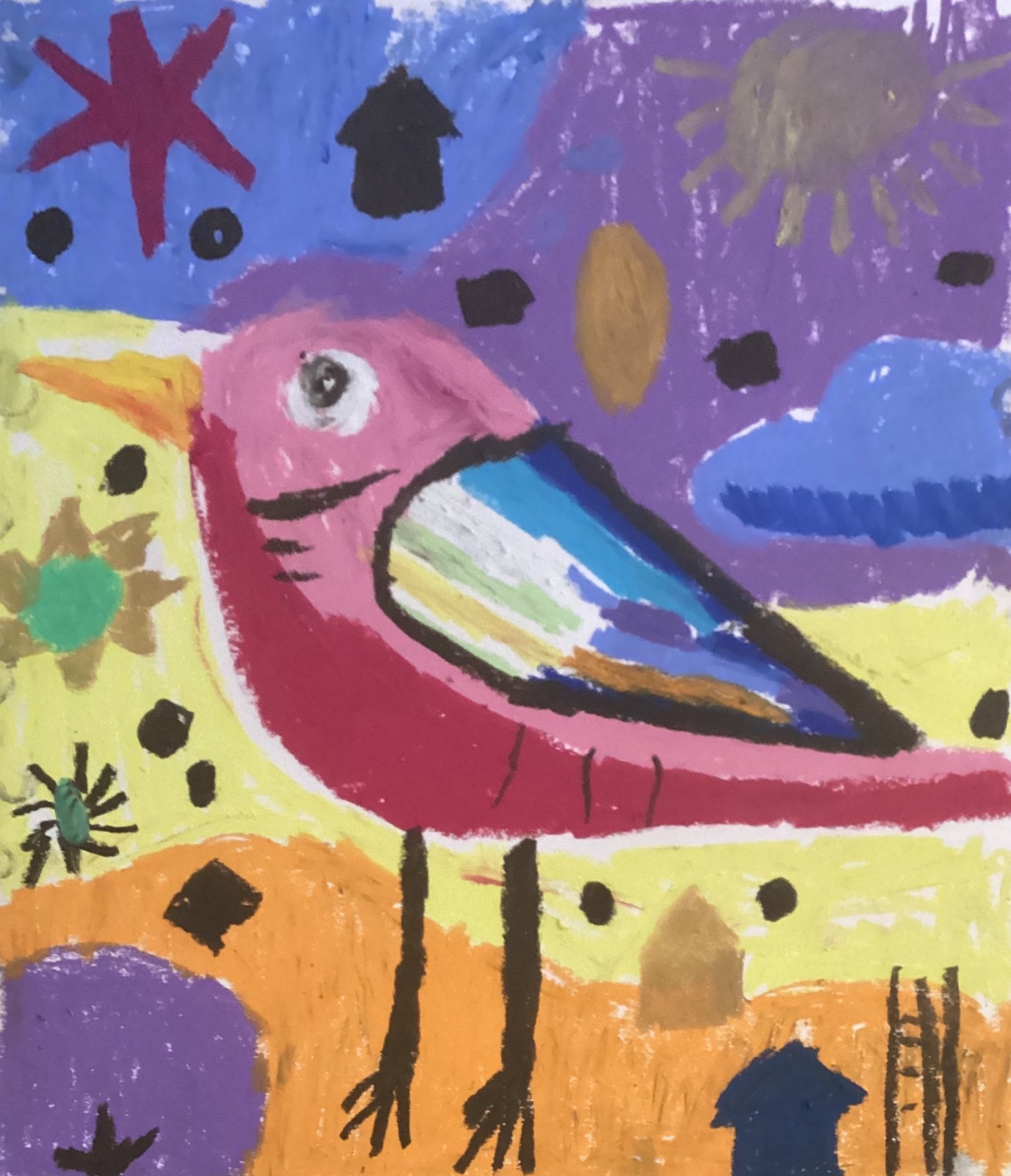 Abstract Messy Doodle Colorful Expressionism Blue Bird Art 11×14 on Paper