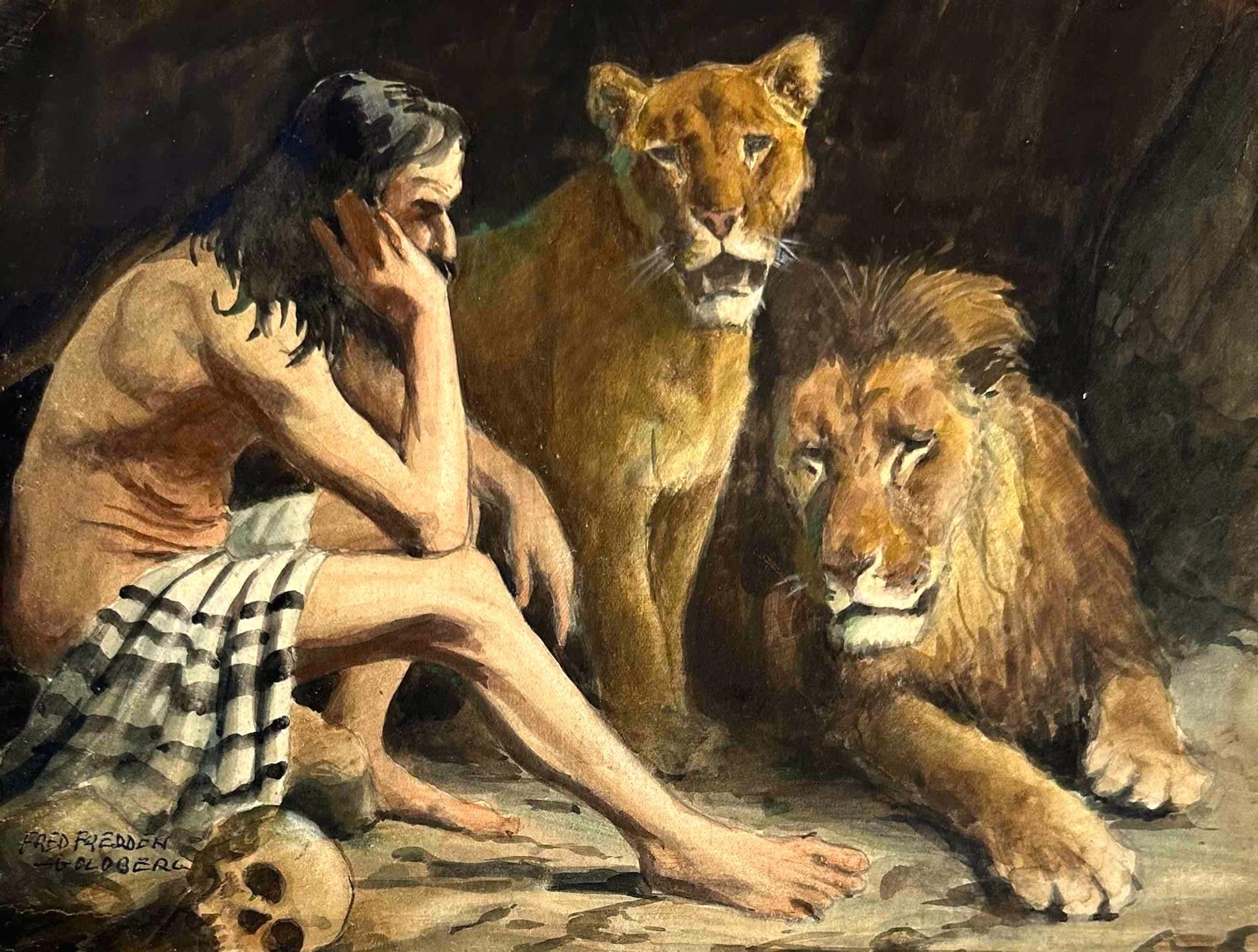 Fred Fredden Goldberg -Daniel in the Lion’s Den -Biblical Illustration 1940s/50s