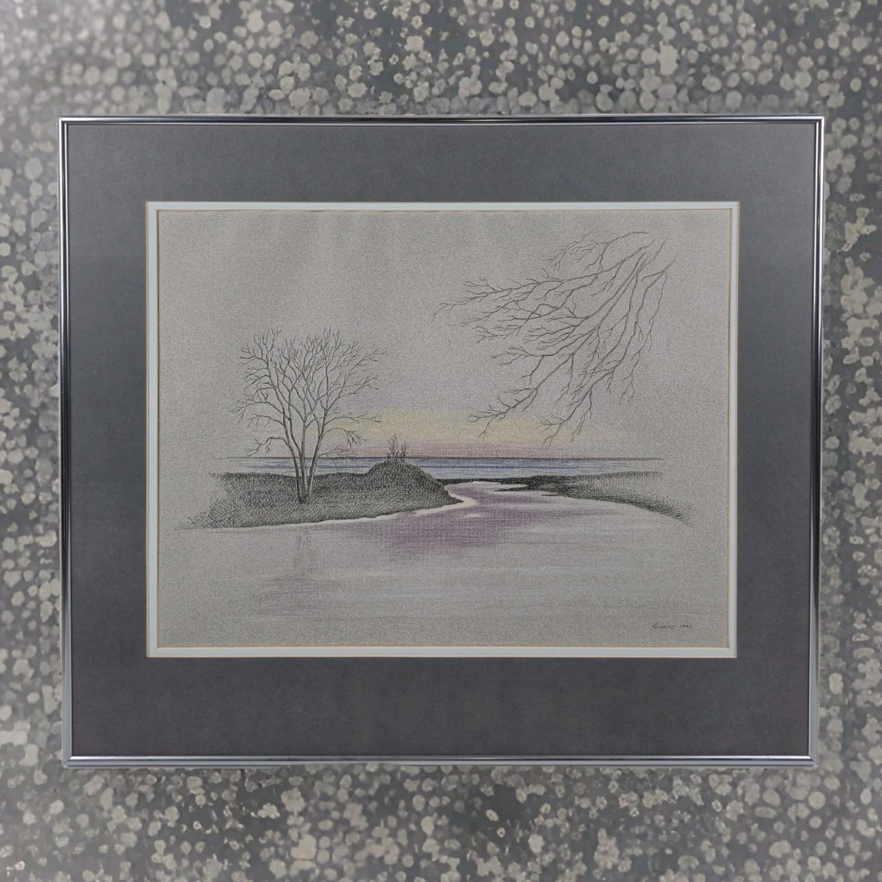 Vtg 1992 Signed R. Krause Pen & Ink Colored Pencil Art Drawing Metal Framed