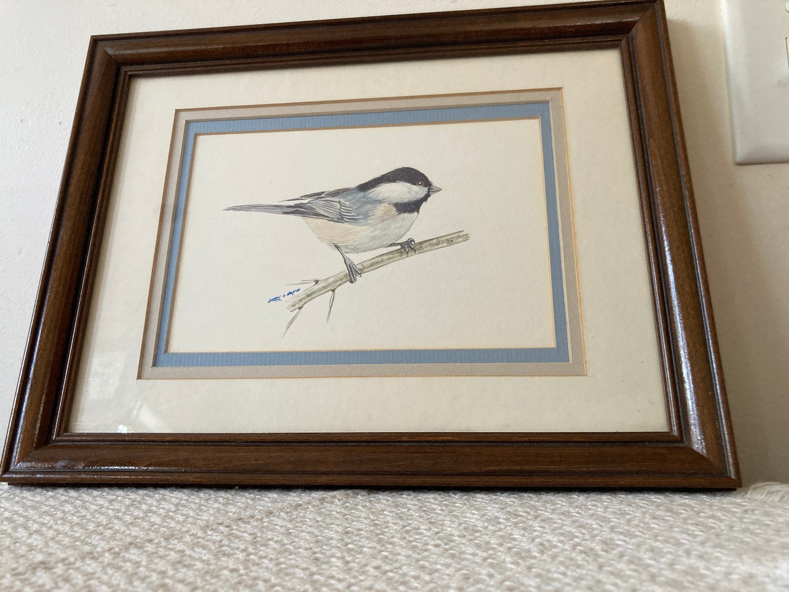 Framed Original Artwork Chickadee on Twig Signed Jerry Lord © 1986 13.5″x10.5″