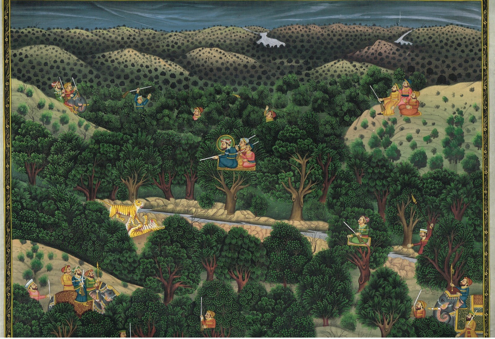 Hand Miniature Painting Of Indian Hunting Scene On Silk Cloth 17.5×13.5 Inches