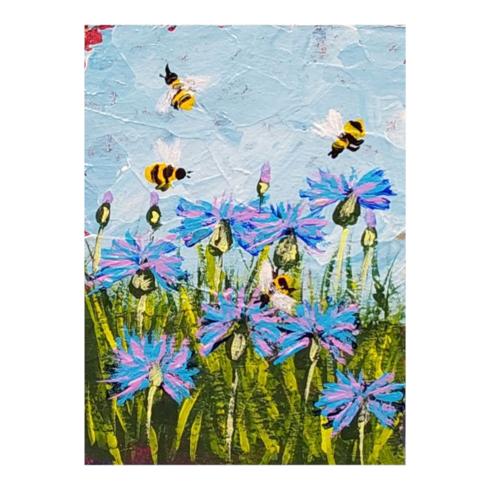 ACEO Cornflowers 1 Honey Bee Original Painting Wildflower Bumblebee Handmade Art