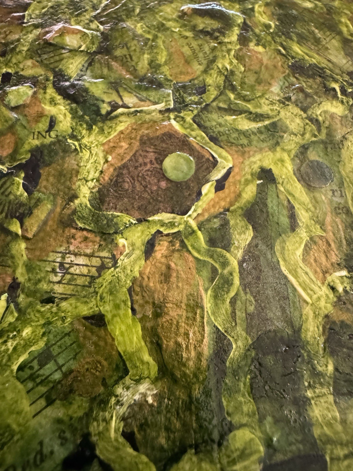 Oil on Canvas, Mixed Media Over Newspaper Painting – Lorie Lee Andrews 12” x 12”