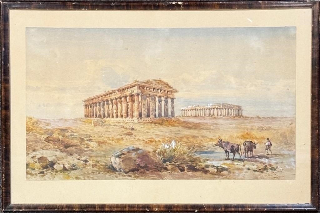 LANZA, GIOVANNI (Naples 1827-1889). Temples At Paestum 17.5 x 10 Inches