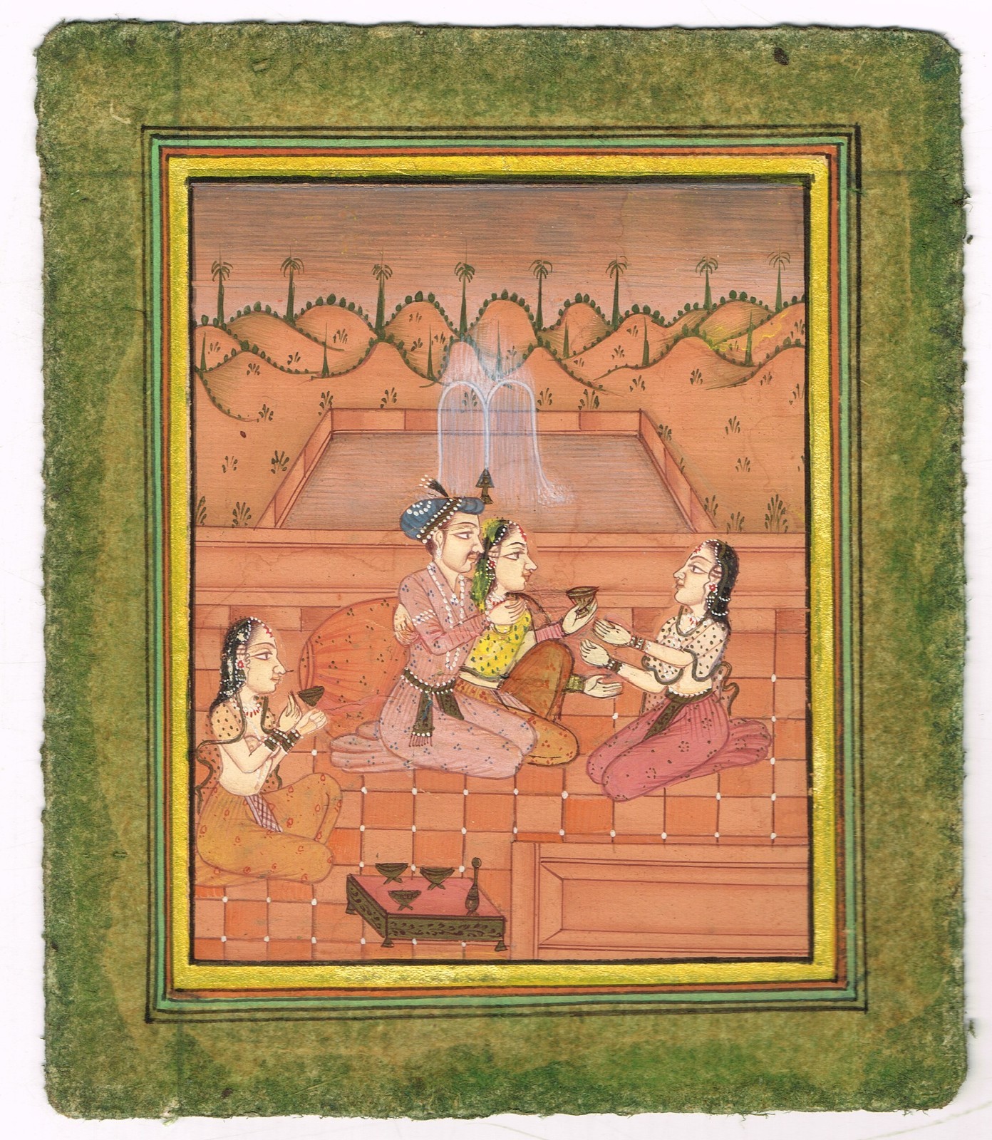 Mughal Miniature Painting Of Emperor & Empress in Love Scene with attendant Art