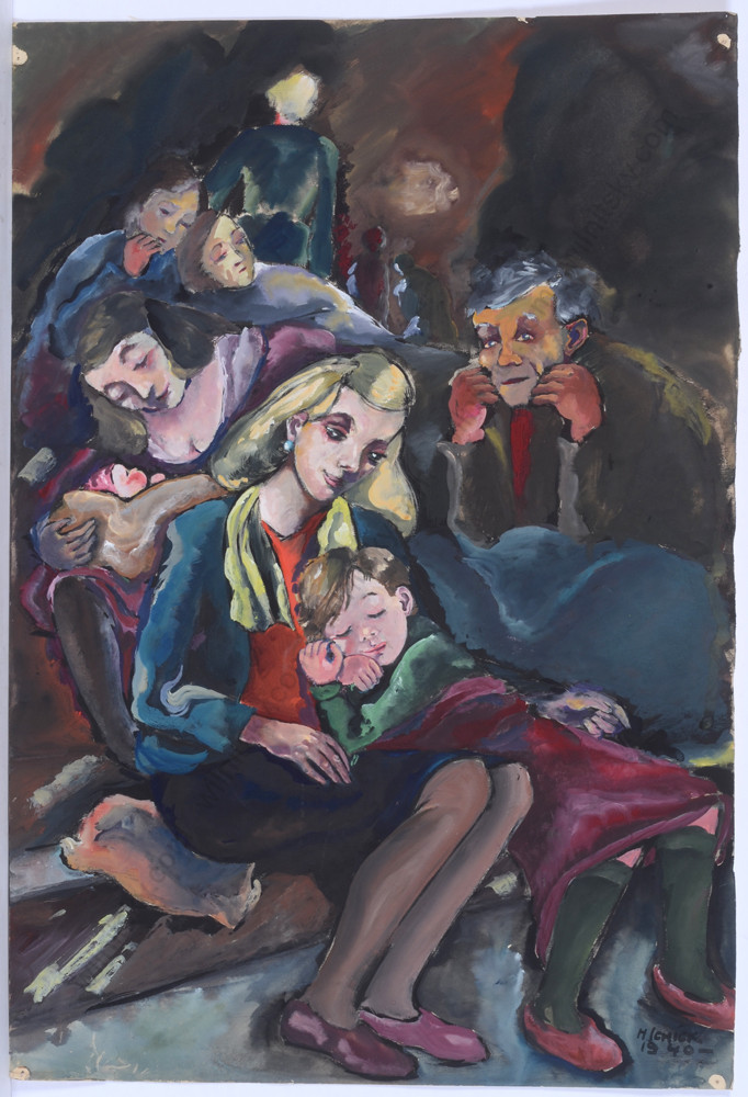 Hedi Schick «London 1940 /in air-raid shelter», large watercolor, 1940s