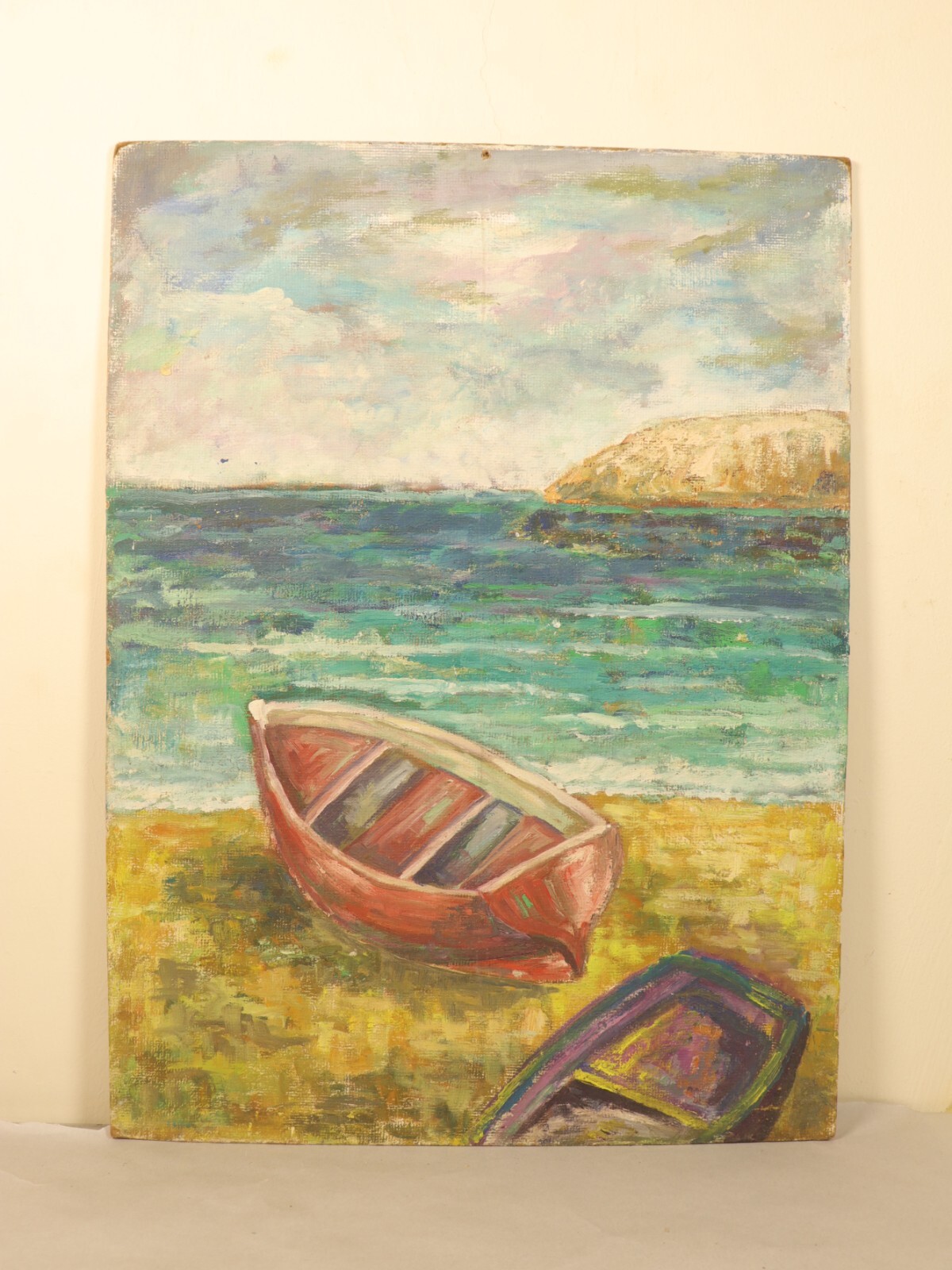 Seaside Tranquility Rare Oil Painting on Canvas Boats On Shore Coastal Landscape