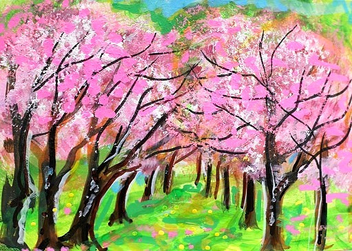 ACEO Original PAINTING Spring TREES Pink Flowers Sun Nature Landscape ATC ART