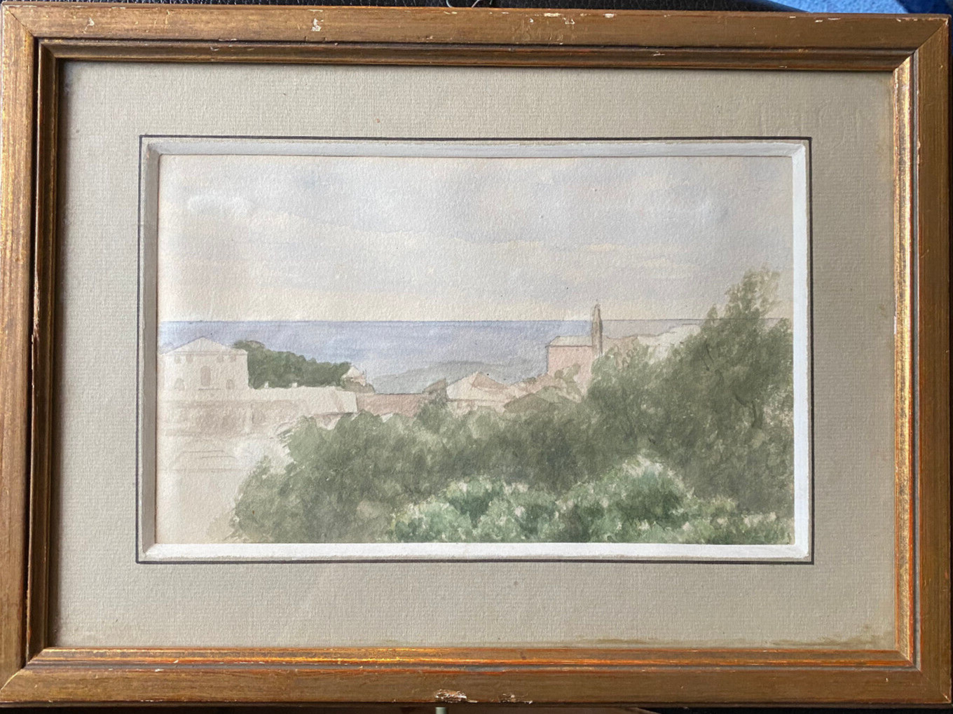 ::AQUARELL MEDITERANNE ORTSCHAFT AM MEER HÄUSER ANTIK KIRCHE UM 1900 ITALIEN